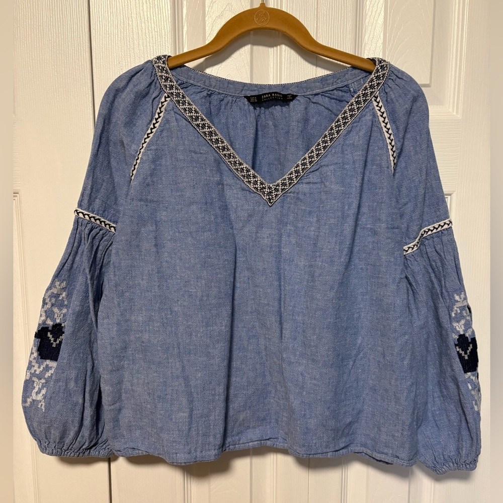 Zara Chambray Blouse with Beautiful Embroidery on neckline and sleeves